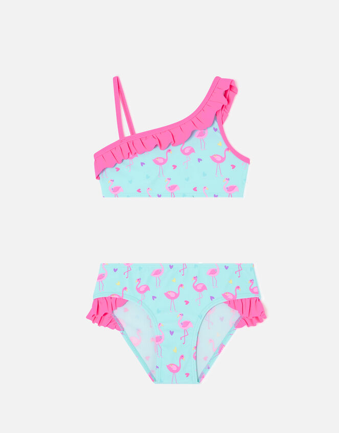 Girls Flamingo Print Bikini Set, Blue (AQUA), large