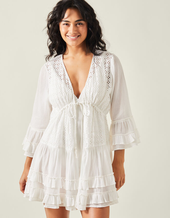 Broderie Ruffle Mini Kaftan Dress, White (WHITE), large