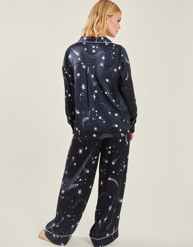Star Print Satin Long Pyjamas Set, Blue (NAVY), large