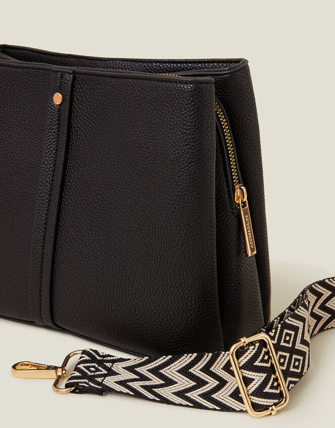 Faux Leather Webbing Strap Crossbody Bag, Black (BLACK), large