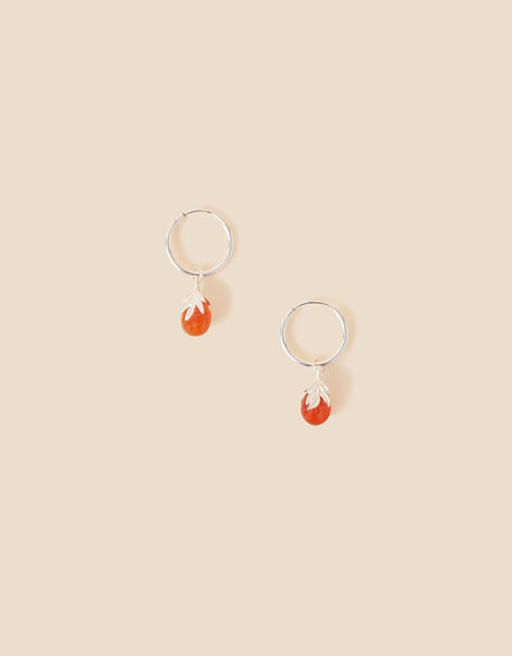 Recycled Sterling Silver Carnelian Leaf Charm Huggie Hoops, , large