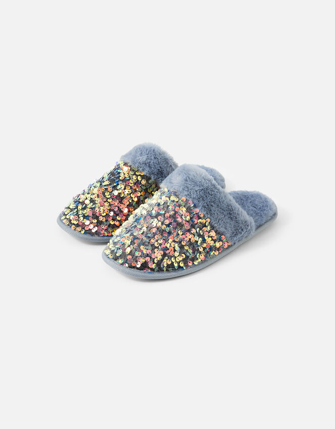 Iridescent Sequin Mule Slippers, Blue (BLUE), large