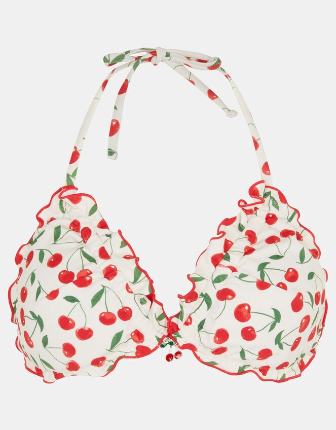 Cherry Print Ruffle Bikini Top, Ivory (IVORY), large