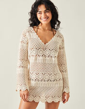 Crochet Long Sleeve Cover Up, Natural (NATURAL), large