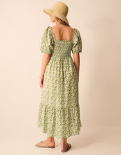 Floral Print Puff Sleeve Maxi Dress, Green (KHAKI), large