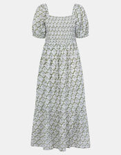 Floral Print Puff Sleeve Maxi Dress, Green (KHAKI), large