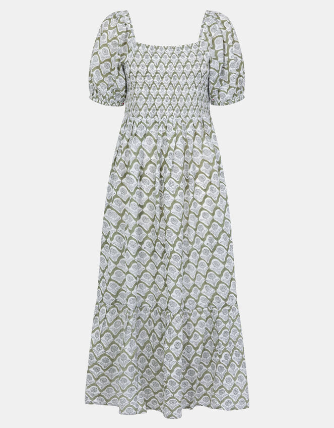Floral Print Puff Sleeve Maxi Dress, Green (KHAKI), large