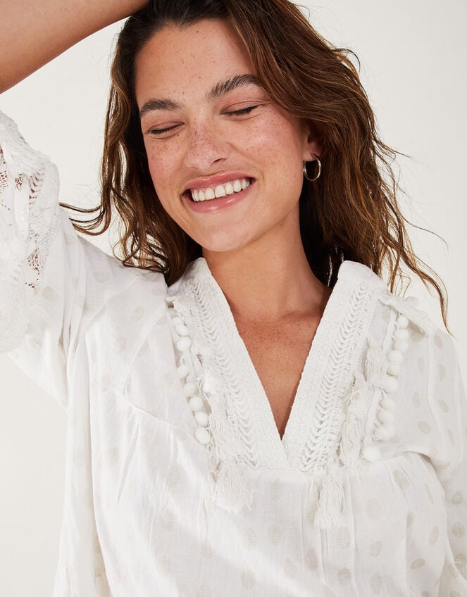 Dobby Tassel Trim Dress, White (WHITE), large