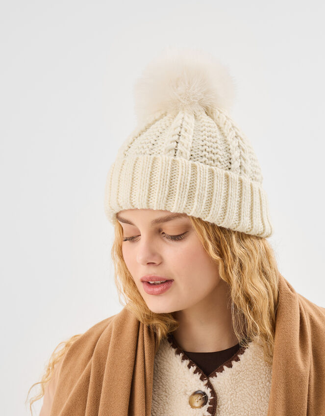 Pom Pom Knit Hats With Brim Pom-Pom Beanie Hat Cream Hats