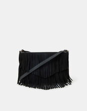 Suede Fringe Crossbody Bag, Black (BLACK), large