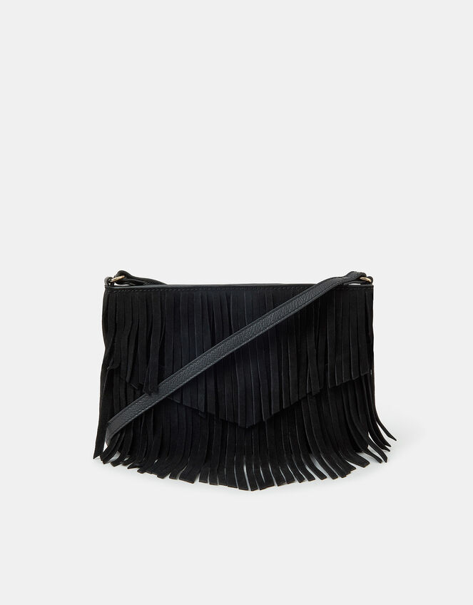 Suede Fringe Crossbody Bag, Black (BLACK), large
