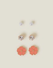 3-Pack Enamel Flower Stud Earrings, Pink (PINK), large