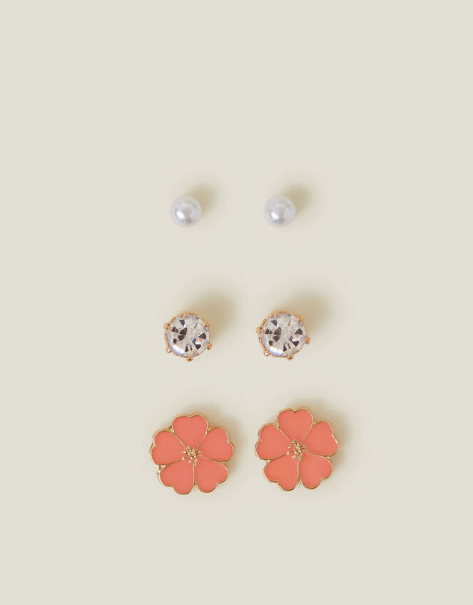 3-Pack Enamel Flower Stud Earrings, Pink (PINK), large