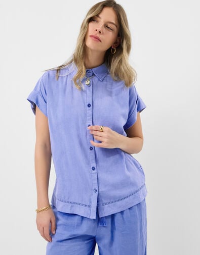 Lace Trim Linen Shirt , Blue (LIGHT BLUE), large