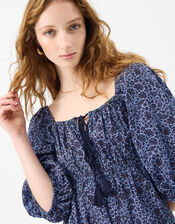 Floral Print Puff Sleeve Mini Dress, Blue (BLUE), large