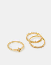 3-Pack 14ct Gold-Plated Diamanté Rings, Gold (GOLD), large