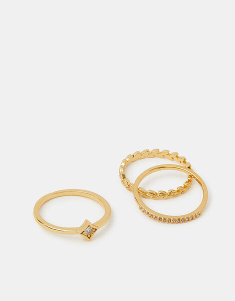 3-Pack 14ct Gold-Plated Diamanté Rings, Gold (GOLD), large