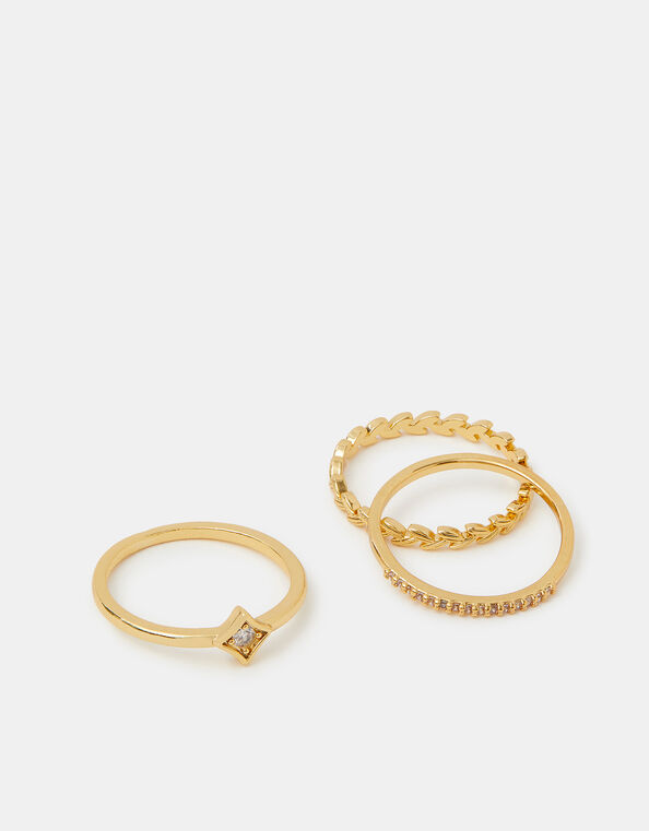 3-Pack 14ct Gold-Plated Diamanté Rings, Gold (GOLD), large