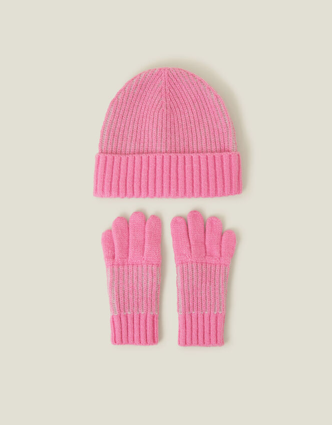 Girls Chunky Knit Beanie Hat and Gloves Set, Pink (PINK), large