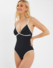 Contrast V-Neck Swimsuit, Black (BLACK), large