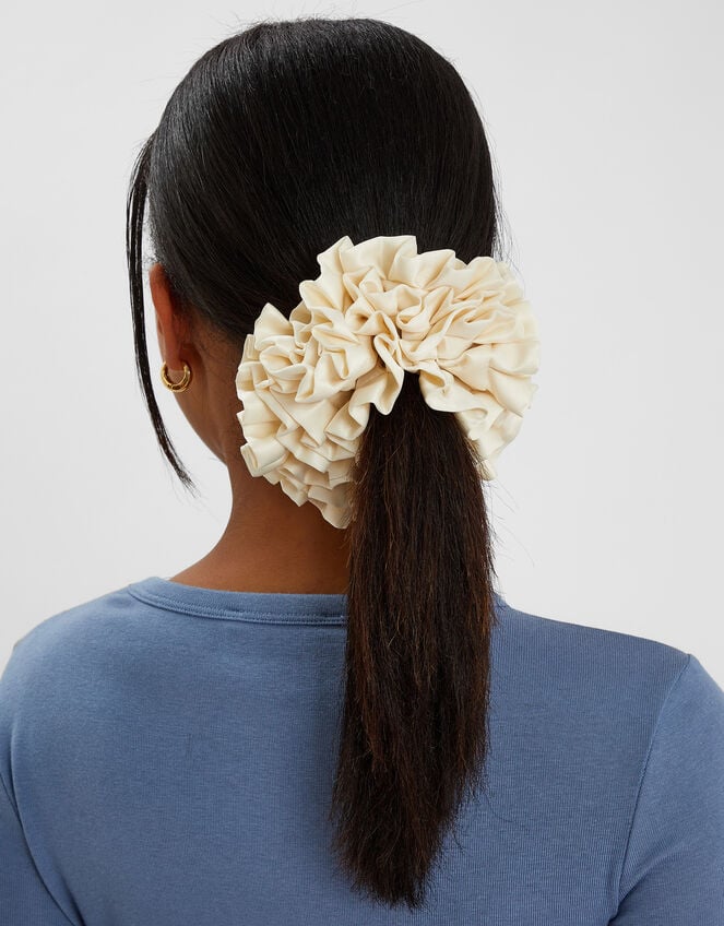 Oversized Ruffle Satin Hair Scrunchie Cream, , large