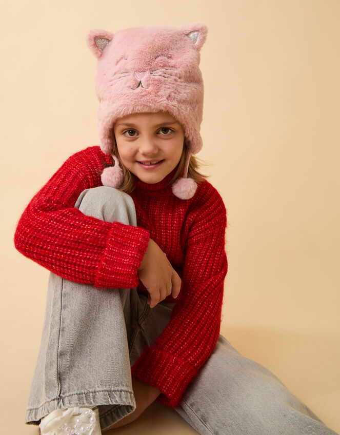 Girls Fluffy Faux Fur Cat Chullo Hat, Pink (PINK), large