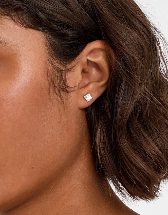 Sterling Silver Princess Cut Stud Earrings, , large