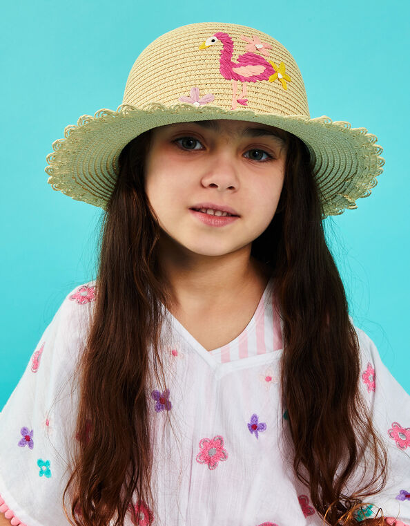 Girls Flamingo Floppy Hat, Natural (NATURAL), large