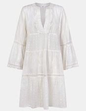 Flute Sleeve Tassel Tiered Mini Dress, Ivory (IVORY), large