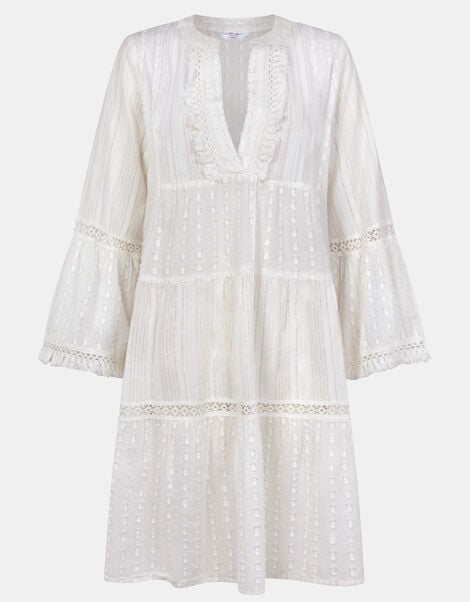 Flute Sleeve Tassel Tiered Mini Dress, Ivory (IVORY), large