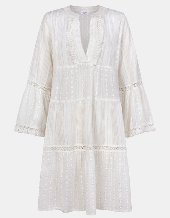 Flute Sleeve Tassel Tiered Mini Dress, Ivory (IVORY), large