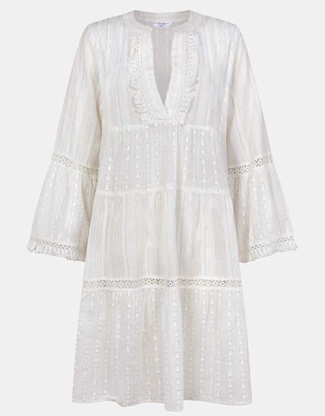 Flute Sleeve Tassel Tiered Mini Dress, Ivory (IVORY), large
