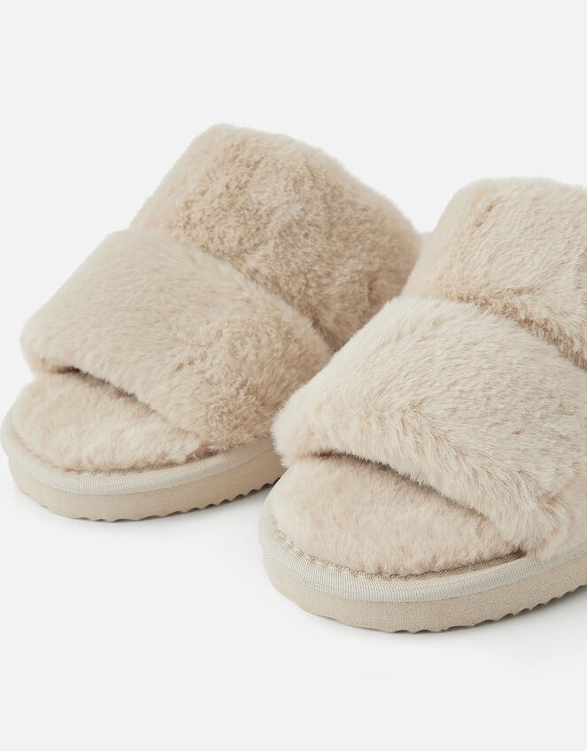 Platform Faux Fur Double Band Sliders, Natural (NATURAL), large