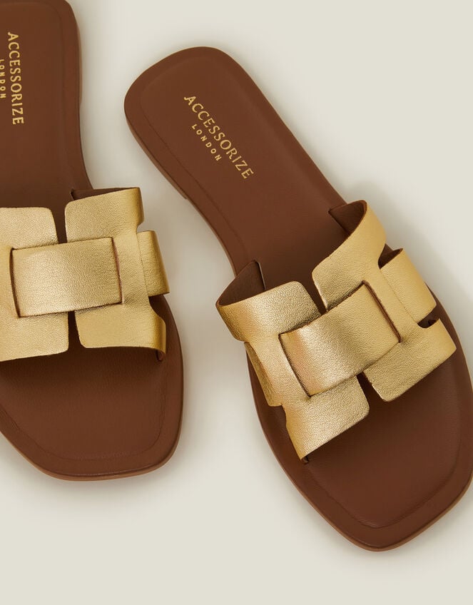 Metallic Leather Cut-Out Slide Sandals, Gold (GOLD), large
