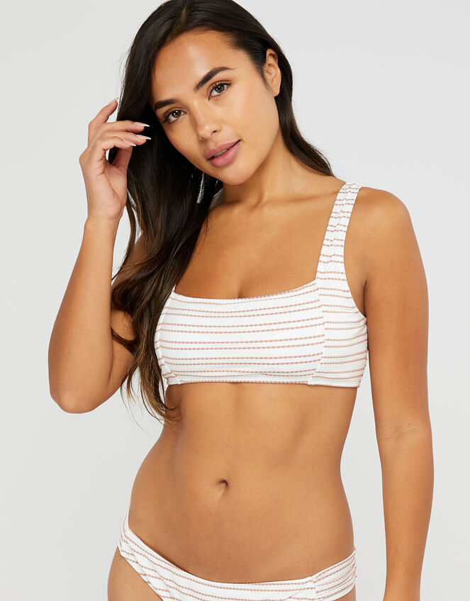 Textured Bikini Top with Striped Print, White (WHITE), large