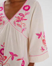 Floral Embroidered Mini Beach Dress, Ivory (IVORY), large