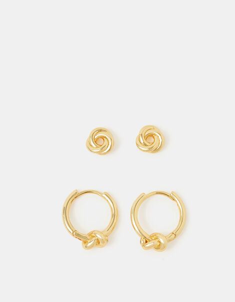 2-Pack 14ct Gold-Plated Knot Stud & Hoop Earrings, , large