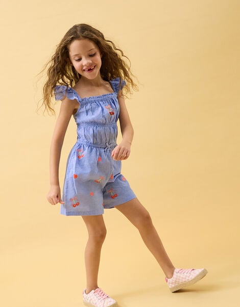 Girls Cherry Embroidered Playsuit, Blue (BLUE), large