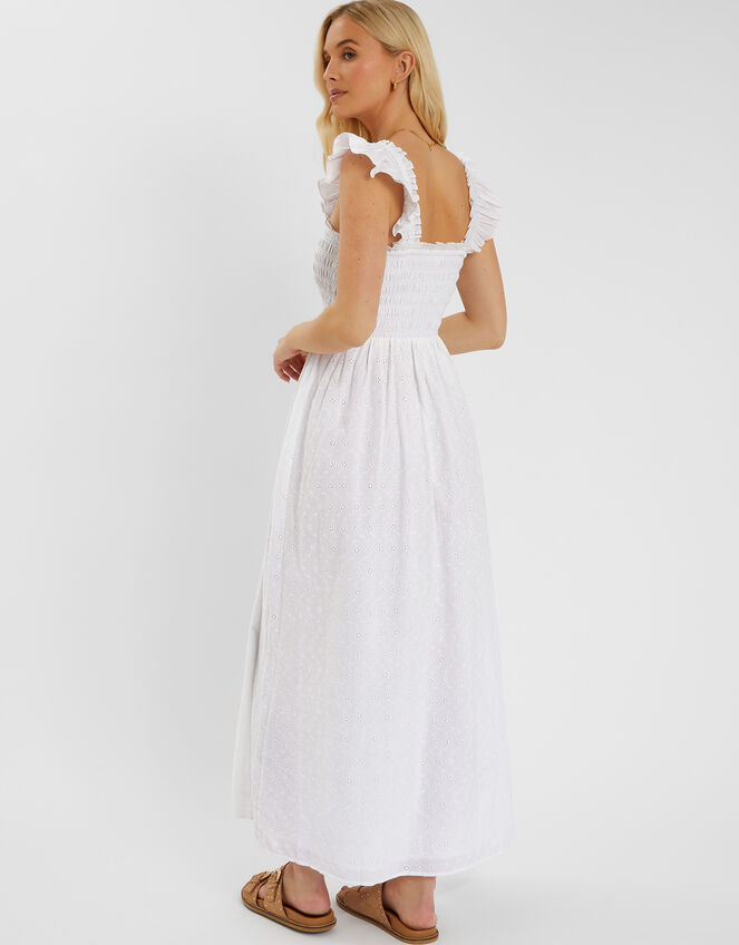 Sleeveless Smocked Broderie Sundress, White (WHITE), large