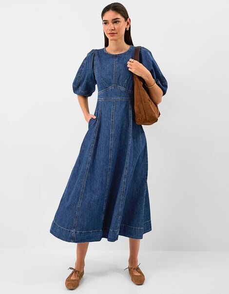 Puff Sleeve Denim Midi Dress, Blue (BLUE), large