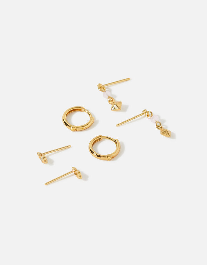 14ct Gold-Plated Rose Quartz Earrings Set of Three, , large