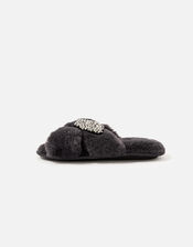 Beaded Fluffy Cross-Over Slippers, Grey (GREY), large