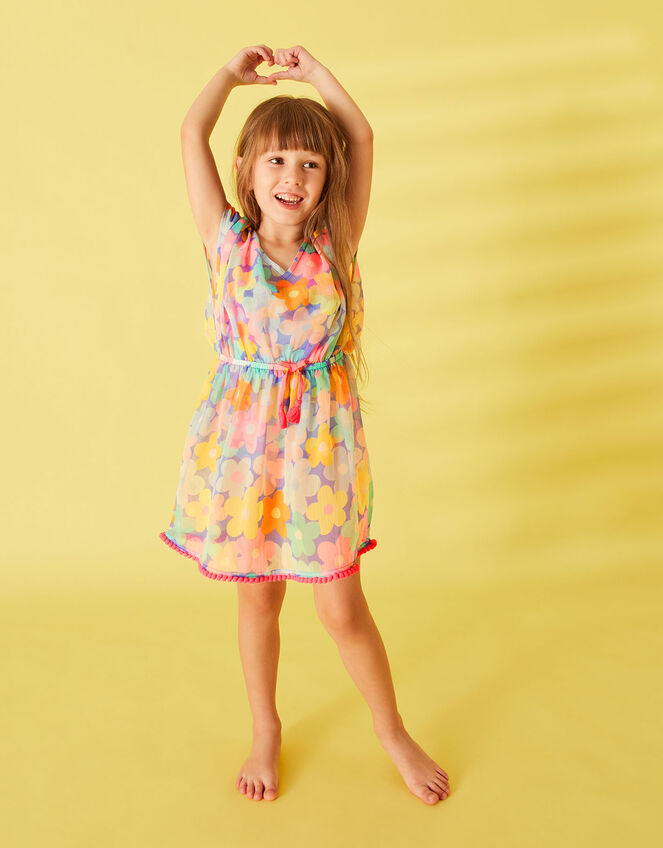 Girls Retro Floral Kaftan with Recycled Polyester, Multi (BRIGHTS-MULTI), large