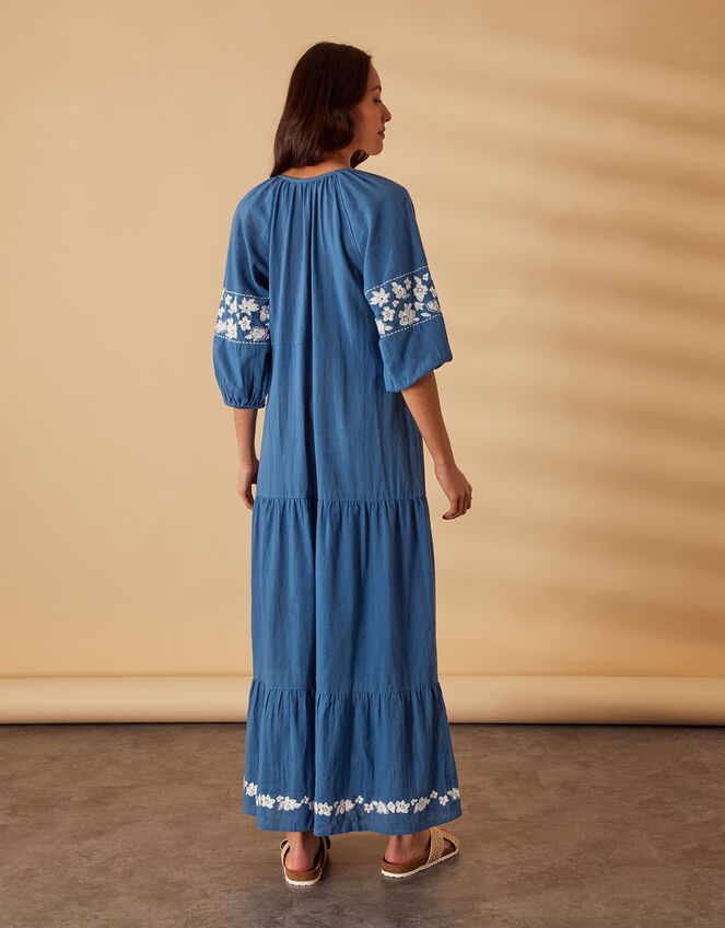 Maxi Floral Embroidered Dress, Blue (BLUE), large