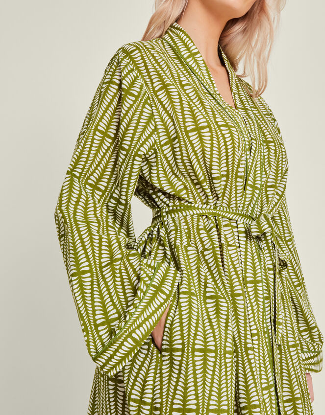 Block Print Cotton Dressing Gown, Green (GREEN), large