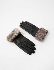 Leather and Faux Fur Gloves, Black (BLACK), large