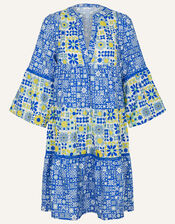 Retro Tile Print Dress, Blue (BLUE), large