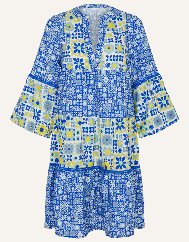 Retro Tile Print Dress, Blue (BLUE), large