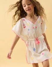 Girls Cherry Embroidered Kaftan, White (WHITE), large