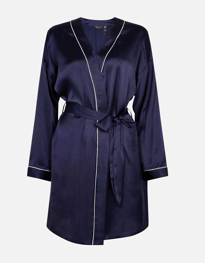 Piping Detail Satin Robe , Blue (NAVY), large